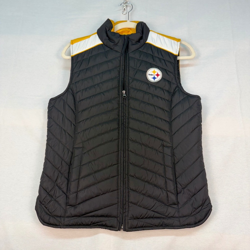 NFL Team Apparel Pittsburgh Steelers Women Black Gold Puffer Vest Medium